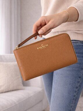 Coach Saddle Saffiano Leather Zip Wristlet Wallet Brown